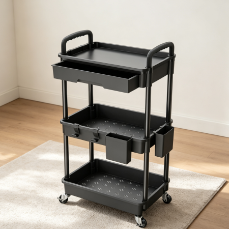 Black 3-Tier Rolling Cart with Drawer Utility Organizer
