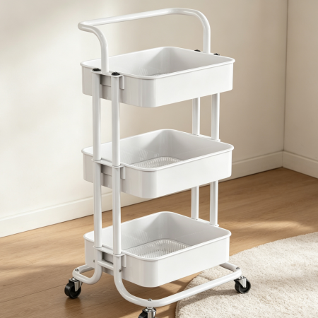 White Metal 3-Tier Rolling Cart with Wheels Handle